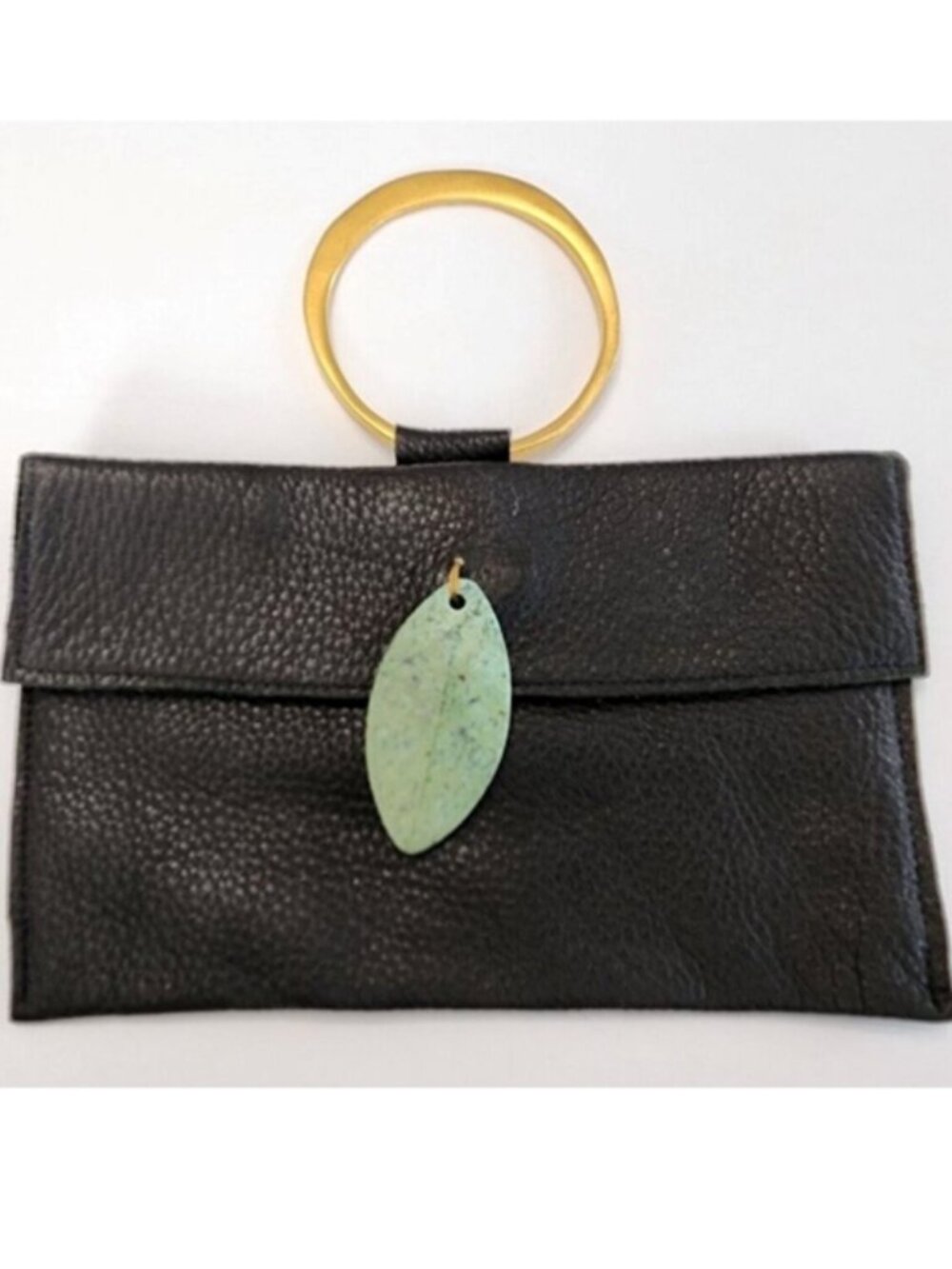 Rebecca Norman Leather Small Black Clutch Purse Gold Bangle Handle 7โ x 4โ